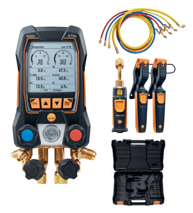 testo 570s - kit smart vácuo - Manifold digital inteligente com sondas de vácuo e temperatura sem fio com pinça, com Mangueiras - 0564 5703